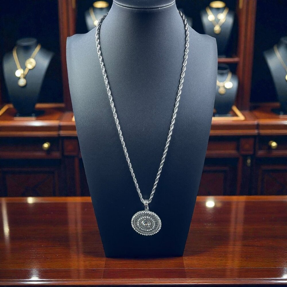 Silver RMN Medallion Pendant Necklace Coquette Glam‎ Y2K Statement Royalcore